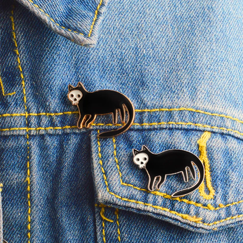 GDHY Skeleton Black Cat Brooch Skull Face Brooches Enamel Pin Backpack Shirt Collar Lapel Badges Jewelry Gifts | Украшения и