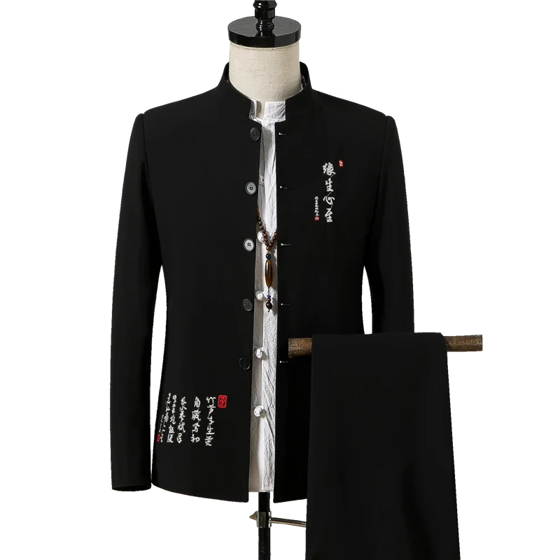 Мужской классический блейзер с вышивкой черный пиджак воротником стойкой и