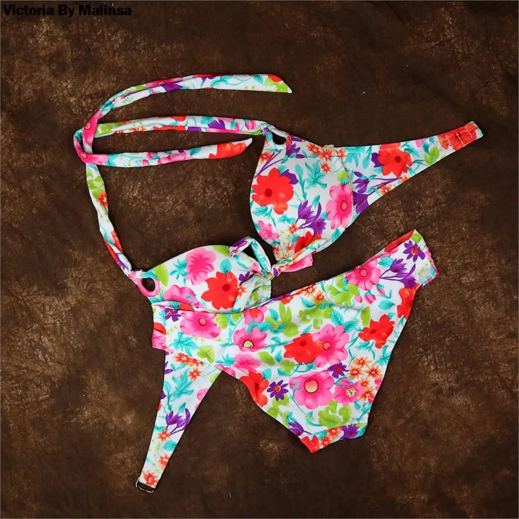 Sexy Underwire Bikinis Set Bikini top Push Up Swimwear Women Thick pad Swimsuit Secret Bottom Beach Bathing Suit Red Pinting