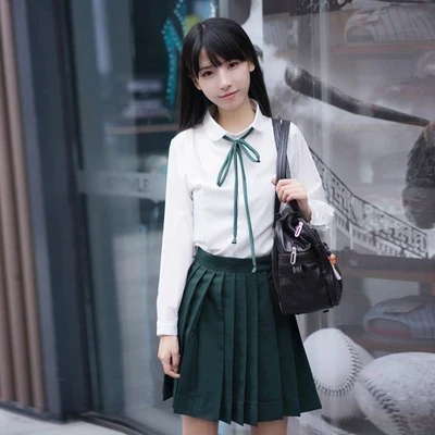 dark green long Корейская школьная форма, костюм для выступлений, студенческий костюм, Женская японская школьная форма, белая рубашка+ юбка+ воротник, веревка+ носки - Цвет: dark green long