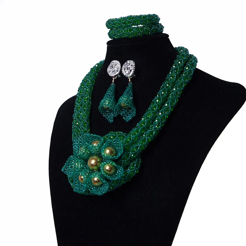 New Style African Wedding Jewelry Set Bridal Costume Green Crystal Beads Flowers Nigerian Women Party Necklace | Украшения и