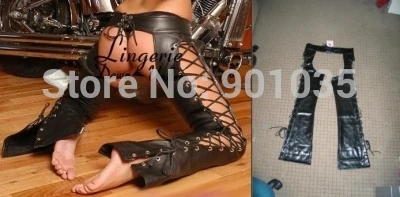 

free shipping black PVC cut sides faux leather sexy crotchless pants plus Size M,L,XL