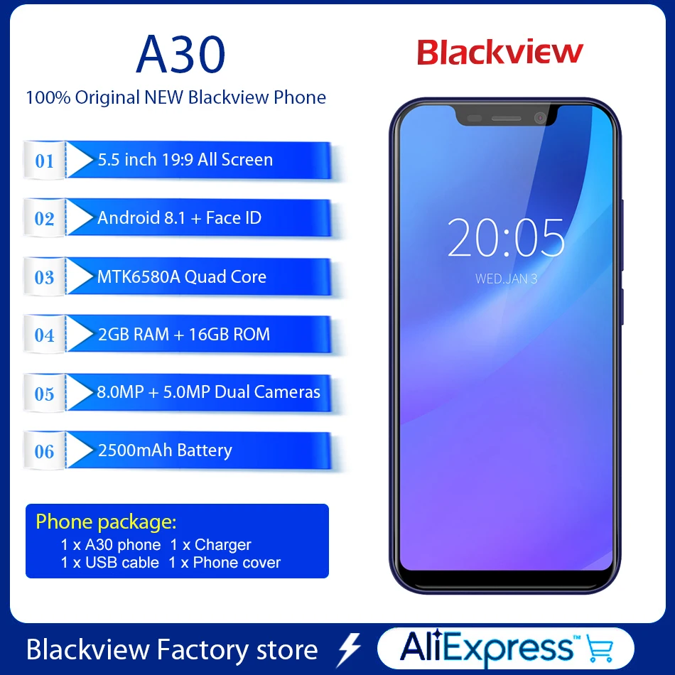 BLACKVIEW A30 Смартфон Android 8 1 Quad core 5 'ཏ:9 дисплей 2 г + 16 ГБ 8.0MP двойной Камера