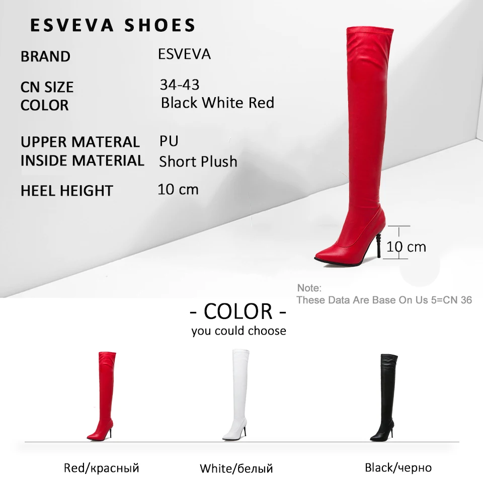 

ESVEVA 2019 Women Boots Over The Knee Boots Stretch Fabric PU Winter Shoes Pointed Toe Thin High Heels Elegant Long Shoes 34-43