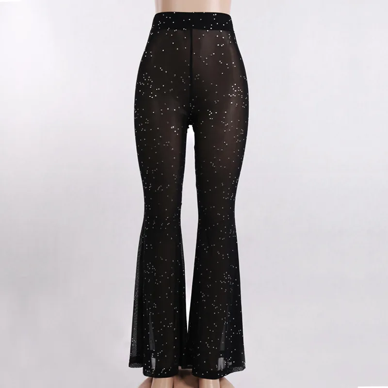 

2019 Sexy Women High Waist Sequins Sparky Long Flared Pants Trousers Mesh Sheer See Through Pants Beachwear New