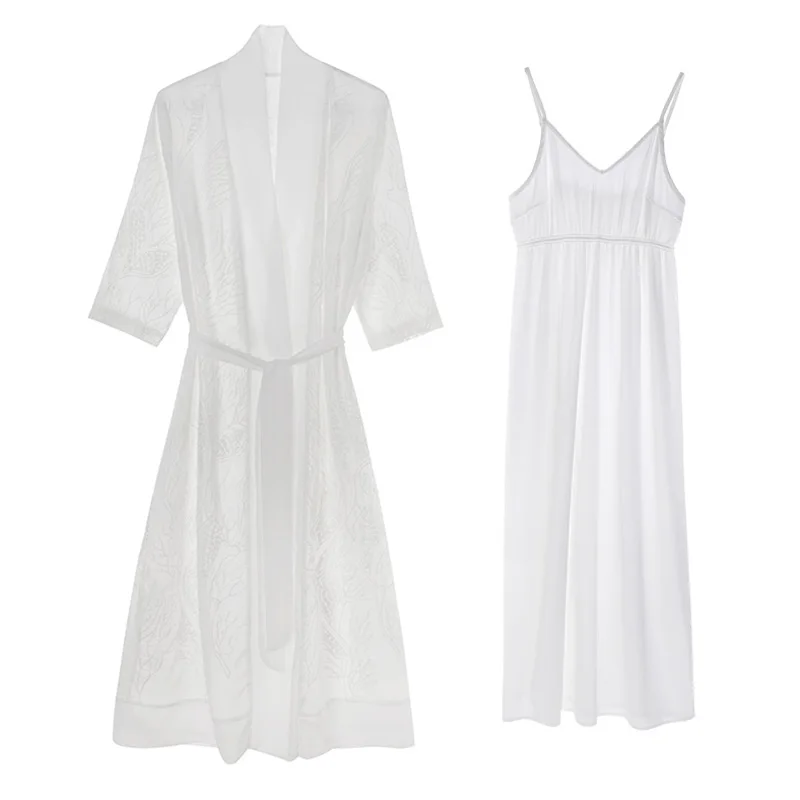 

Summer Silk Sleeping Robe Female Spring Autumn Long Style Sexy Ice Silk Bathrobes + Nightdress Two-Piece Woman Sleepwear YY8021