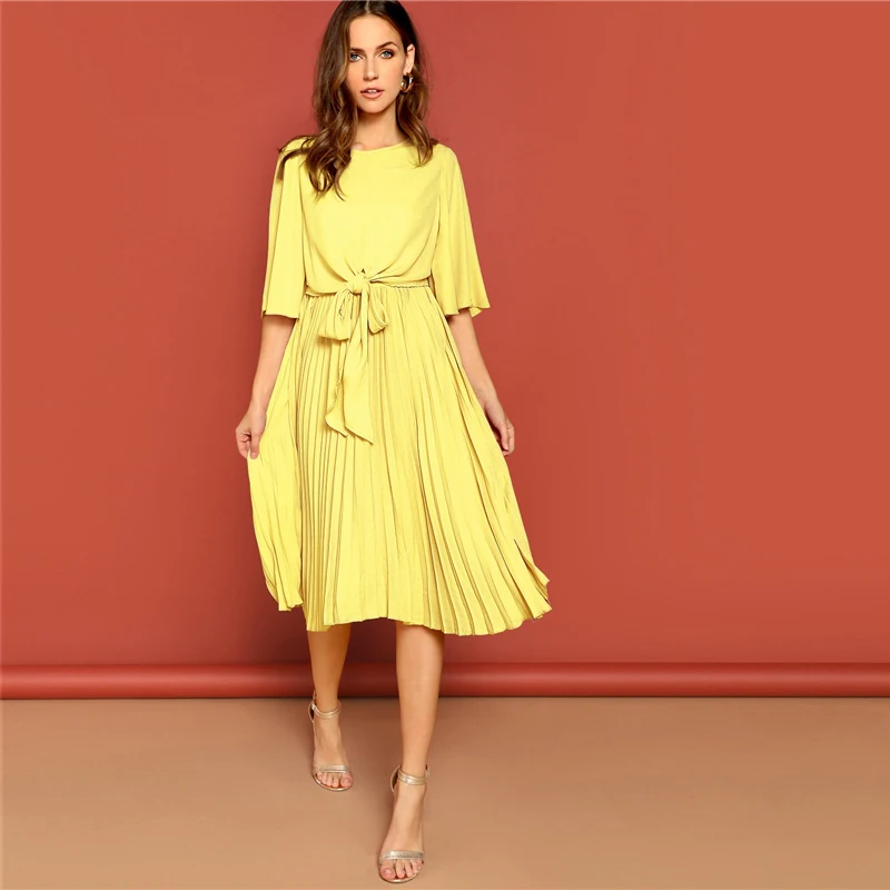SHEIN Однотонное Платье С Оригинальным Рукавом И Узлом Женское Розовое Элегантное Платье С Средним Рукавом И Поясом