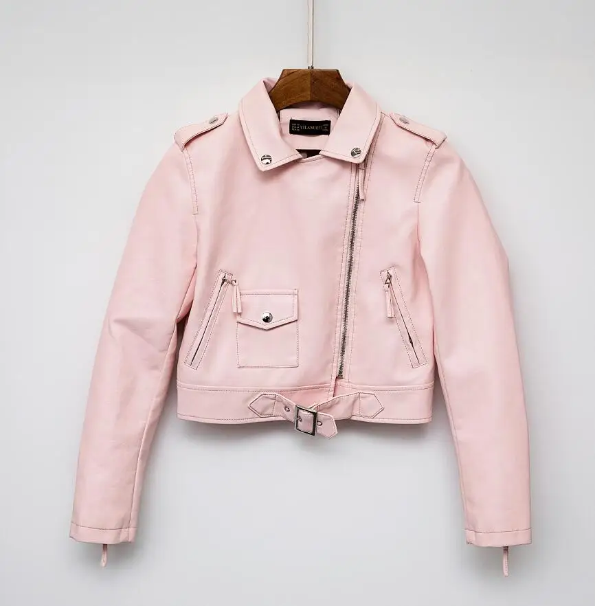 YLL8861 Pink Женская куртка из искусственной кожи, модная яркая черная мотоциклетная куртка, короткая байкерская куртка из искусственной кожи, мягкая женская куртка зеленого цвета - Цвет: YLL8861 Pink