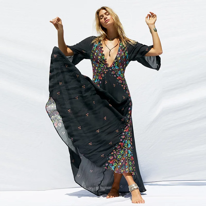 

2020 Women's Spring Long Dress New Printing Boho Maxi Dress Empire Front Button Holiday Dress V-neck Irregular Loose Boho Dress