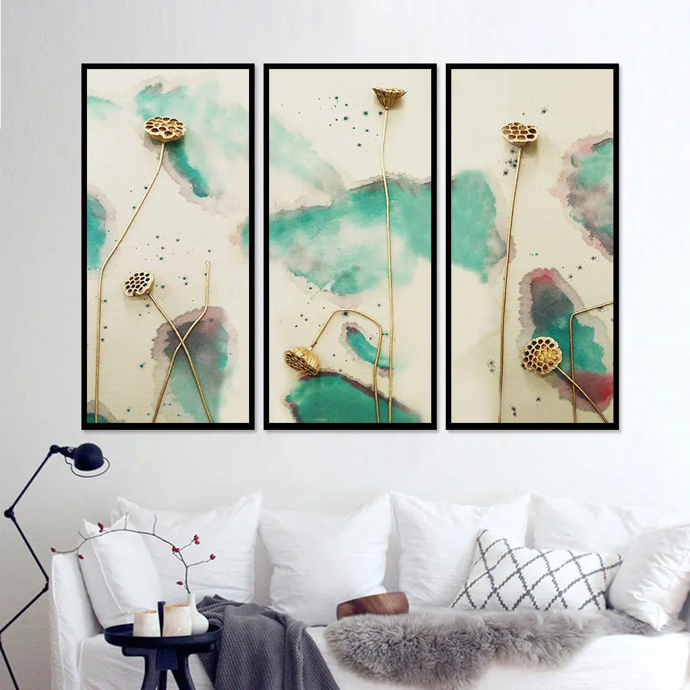 3 шт. цветочный Лотос китайская зеленая и серая картина искусственная настенный