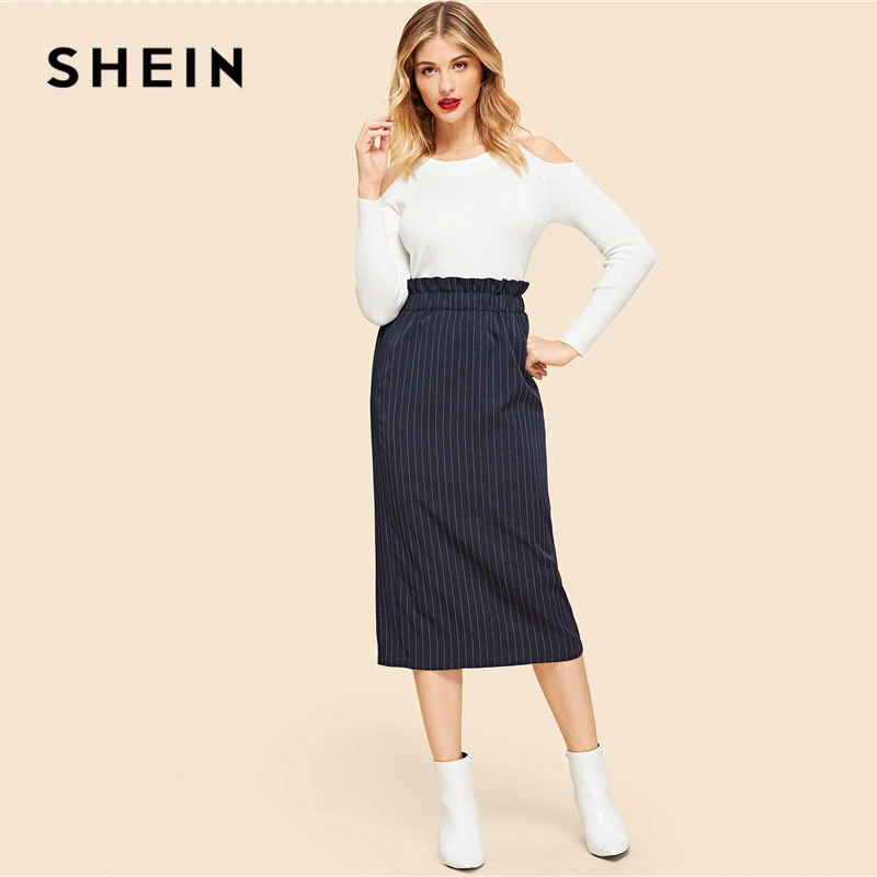 SHEIN темно-синяя эластичная полосатая прямая юбка с оборками на талии, юбки для лета и осени, женская элегантная юбка с высокой талией для офиса