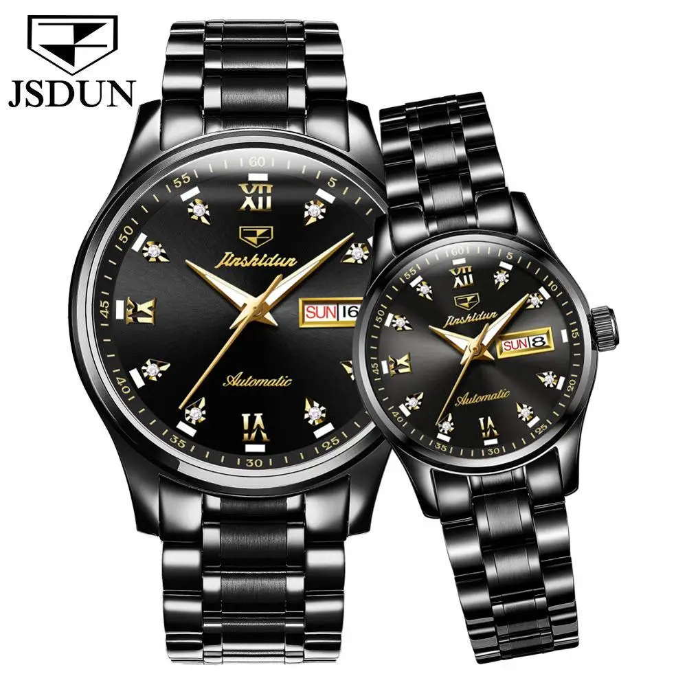 Lovers all black Женские часы, мужские часы JSDUN, роскошные парные часы для влюбленных, нержавеющая сталь, механик, автоматический механизм, водонепроницаемые, relogio - Цвет: Lovers all black