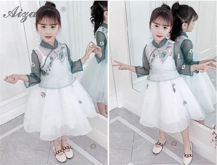 Темно-зеленые детские платья Cheongsam в ориентельском стиле из двух предметов детское традиционное китайское платье Qipao юбка принцессы из пряжи