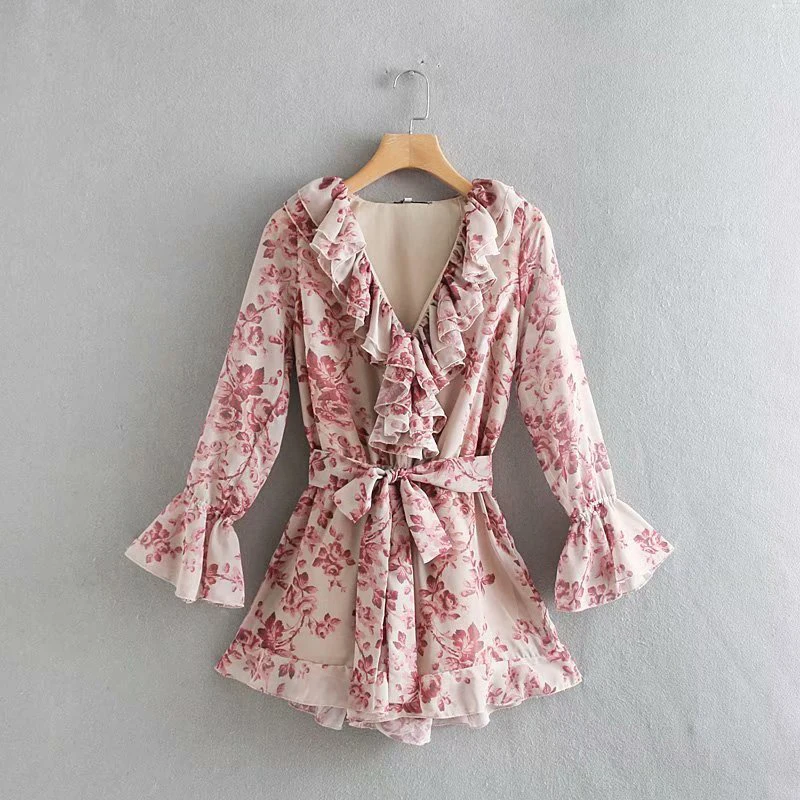 Boho женские комбинезоны кружева с цветочными рисунками короткие гофрированное обернутое летнее коcтюм с длинными рукавами Свободный женский вырез с оборками комбинезон