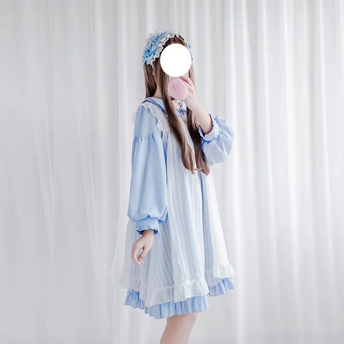 light blue and white Японское кавайное женское платье в стиле Лолиты для девочек-подростков, милое кружевное платье с рюшами, платье с длинным рукавом, винтажный комплект из двух предметов, розовое платье горничной - Цвет: light blue and white