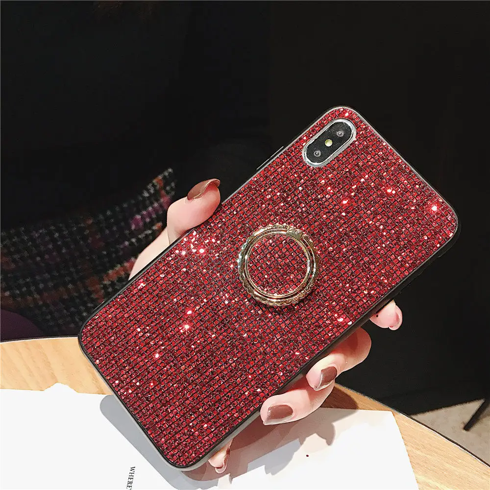 Блестящие глянцевые Bling Встроенная задняя крышка чехол для телефона в виде ракушки для Xiaomi Mi Mix 2 S 3 A1 A2 8 SE 9 Lite Роскошный чехол с стенд для колец на палец