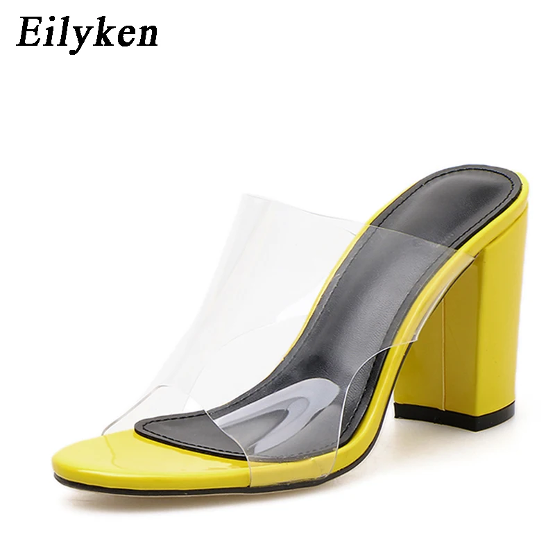 Eilyken; модные женские шлепанцы с открытым носком на квадратном каблуке; женская обувь; прозрачные женские шлепанцы из ПВХ на высоком каблуке; Размеры 35-40