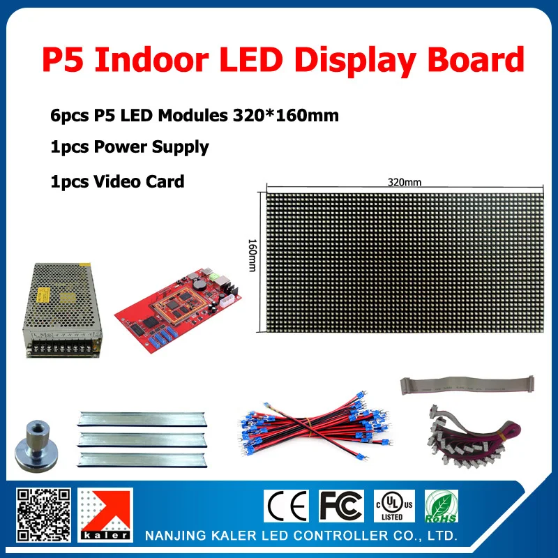 

6pcs P5 Indoor LED display module 320*160mm 64*32pixel 1/16 scan LED panel + 1 video card+ 1 power supply 48*64cm signboard