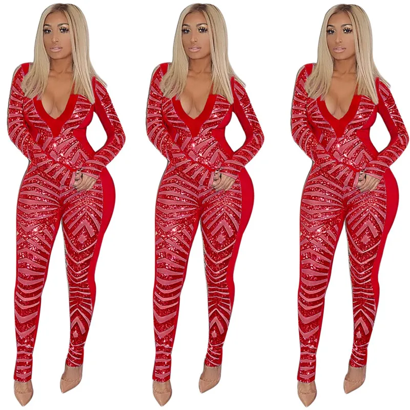 Женский комбинезон с глубоким v образным вырезом и блестками Клубная одежда