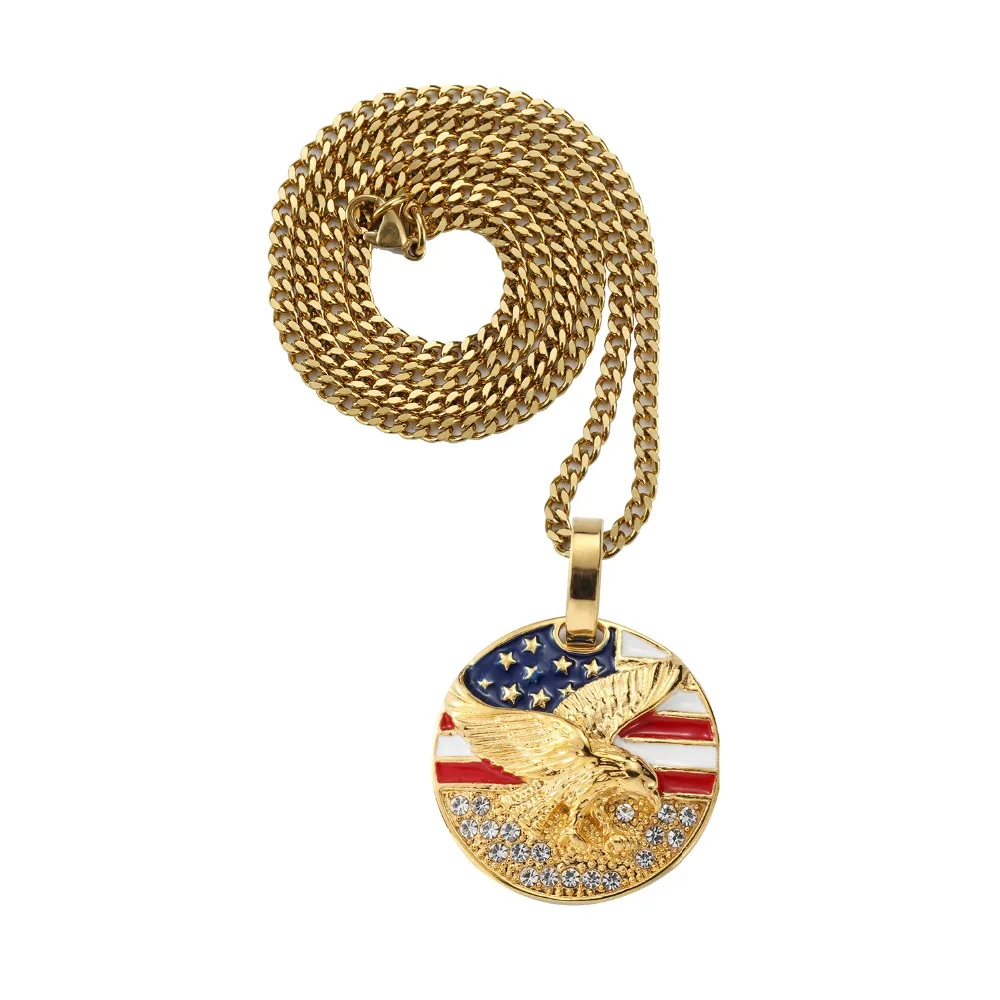 Bling Micro Флаг США цепи ожерелья Хип хоп Золотой горный хрусталь американский День