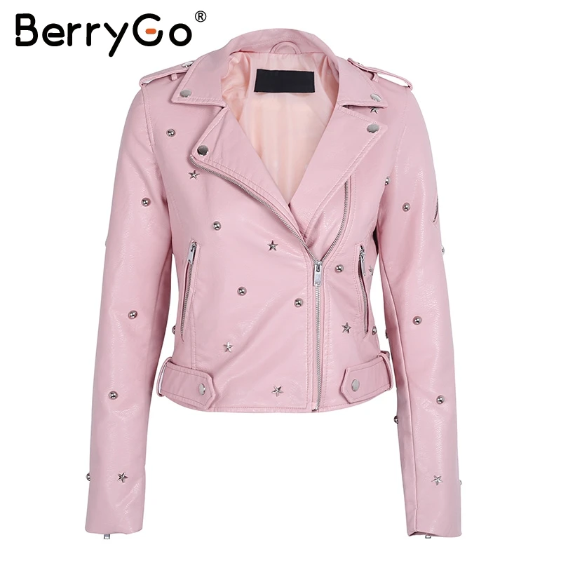 Куртка BerryGo Женская из искусственной кожи с заклепками на молнии|faux leather coat|leather