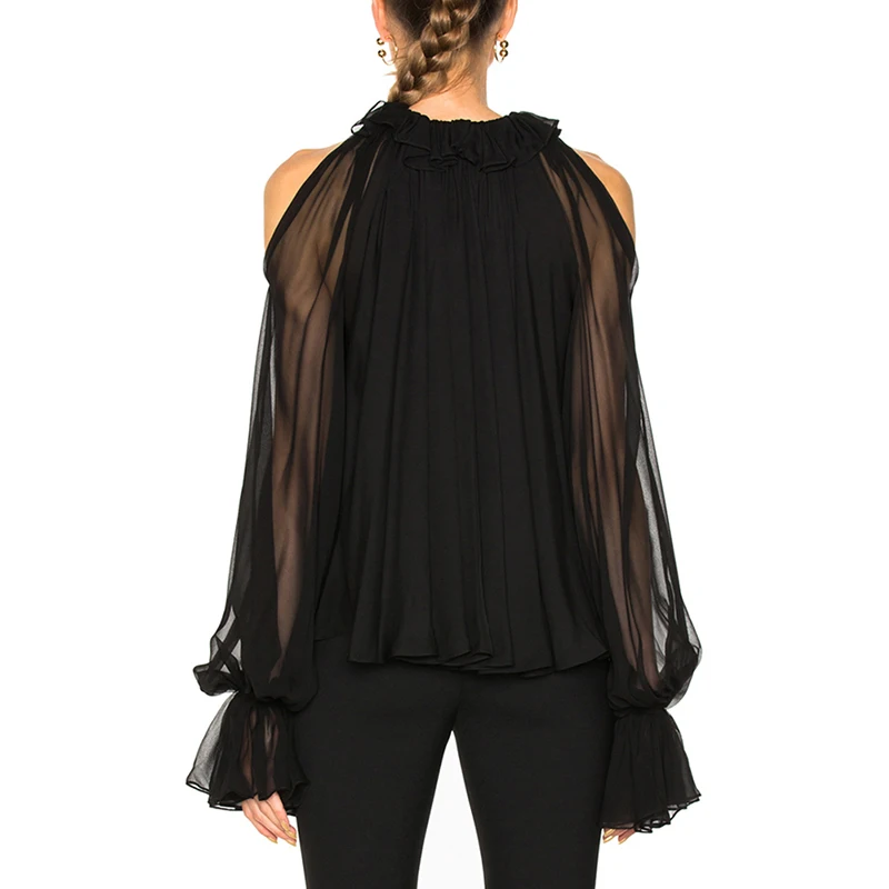 Фото TWOTWINSTYLE Chiffon Shirt For Women Off Shoulder Stand Collar Ruffles Lantern Sleeve Summer Blouse Female Fashion OL Clothing Женская TWOTWINSTYLE Chiffon Shirt For Women Off Shoulder Stand Collar Ruffles Lantern Sleeve Summer Blouse Female Fashion OL Clothing Женская