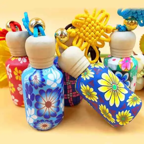 

15ml Colorful Flower Perfume Bottle with Wood Lids Chinese Knot Decor Fragrance Oil Pendant Valentines Gift for Girlfriend 10pcs