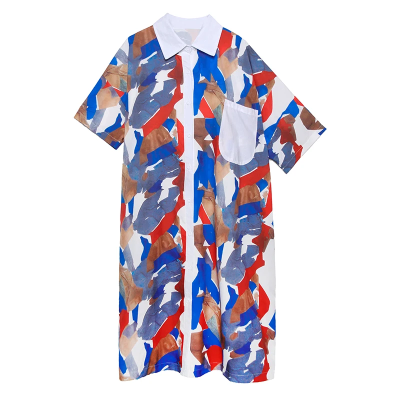 Женская рубашка XITAO длинная свободная с отложным воротником и коротким рукавом