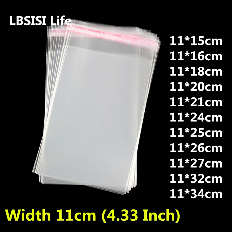 

LBSISI Life 500pcs 11cm Wide Clear Plastic Adhesive Bags Transparent Poly Food Candy Jewelry Package Gift Packing Pen Bag