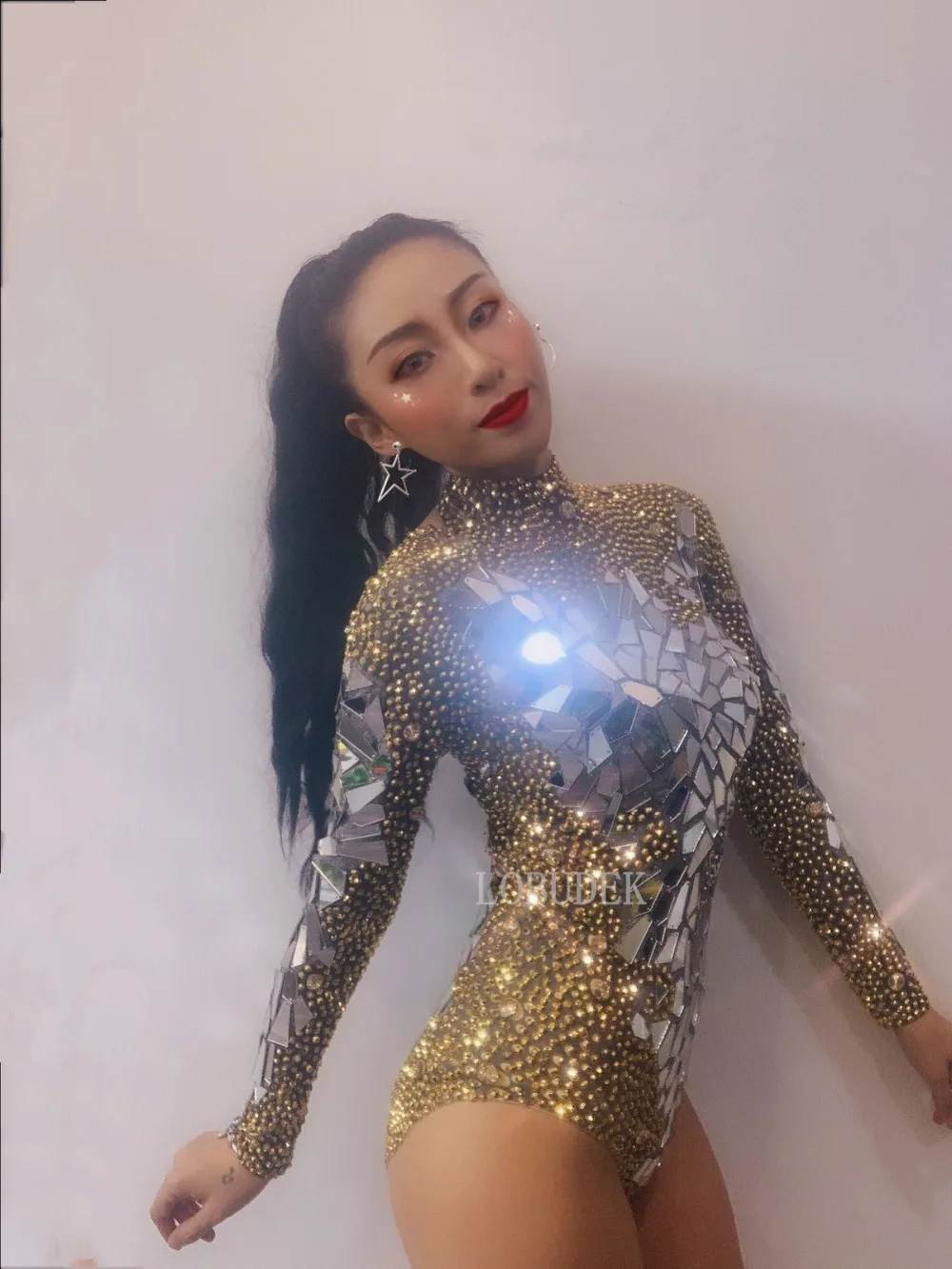Women Gold Rhinestones Silver Mirrors Long Sleeve Bodysuit Sexy DJ Singer Nightclub Stage Wear Jazz Dance Team Leotard Costumes