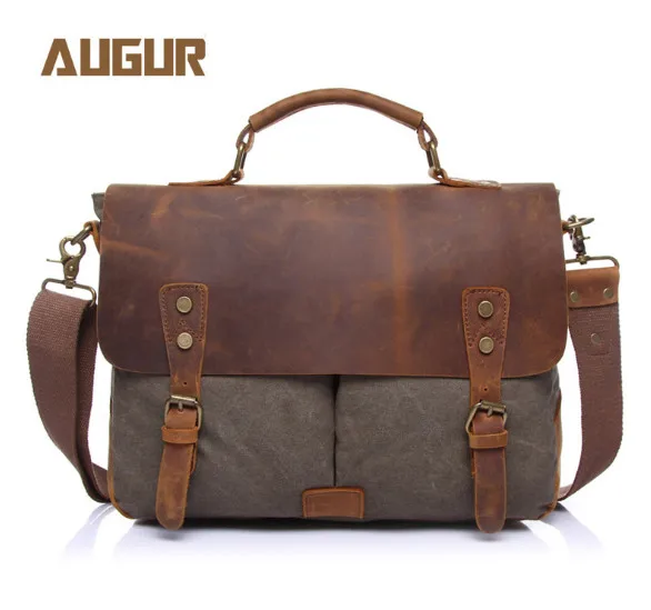 Vintage casual men's portable briefcase canvas postman bag Messenger with crazy horse leather 14 Inch Laptop Bag Cross Body |