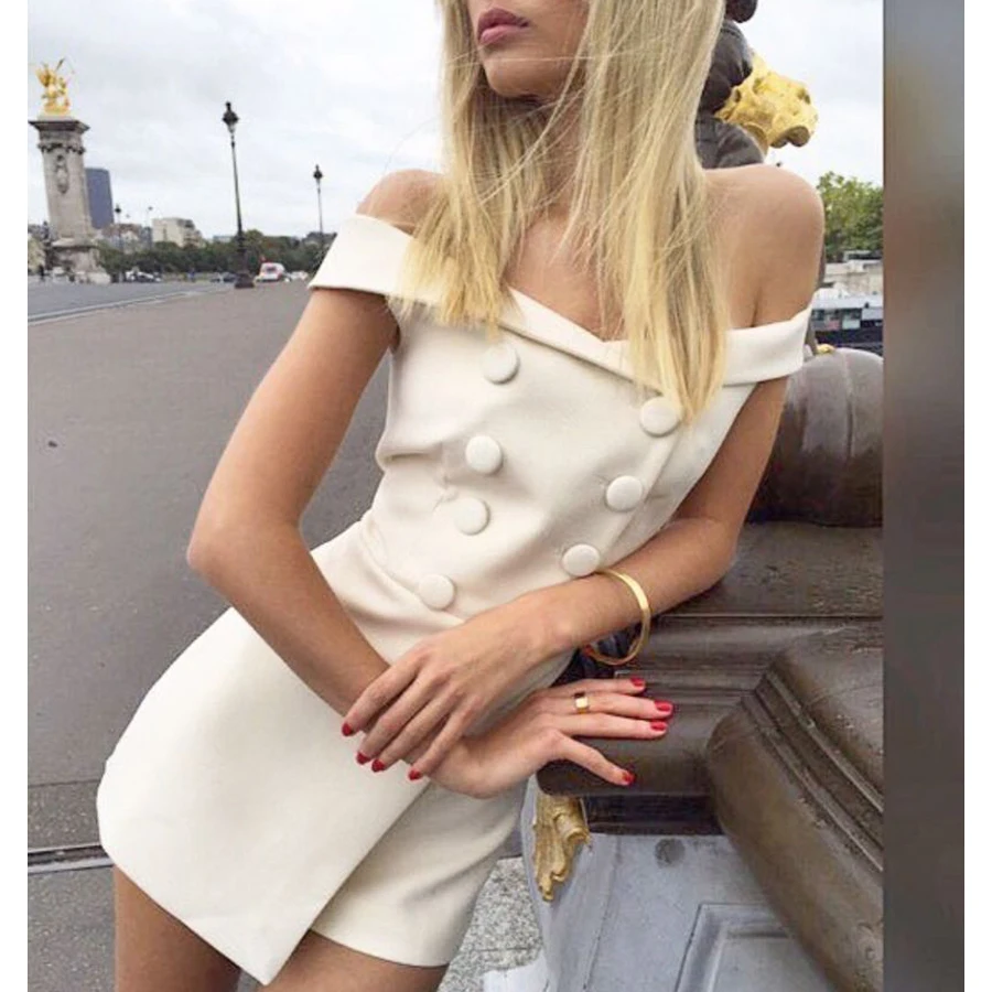 Новое поступление женские белые комбинезоны с открытыми плечами и пуговицами|white