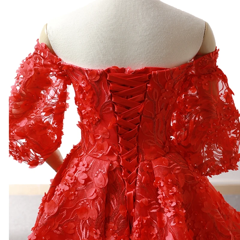 J66621 jancember bridal red evening dress sweetheart sleeve flowers bridal wedding party dress short train robe rouge de soir e