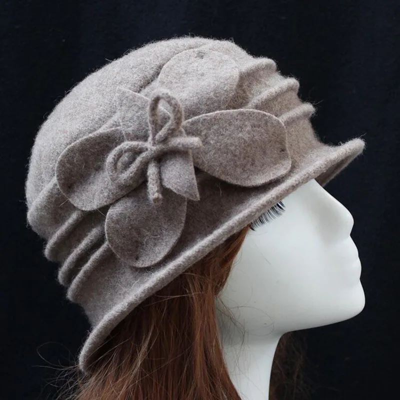 Winter Women Hats Beanies Cloche Ladies 100% Wool Cap Bucket Floral Warm Hats for Women Bonnet Femme Skullies Beanies Female Cap
