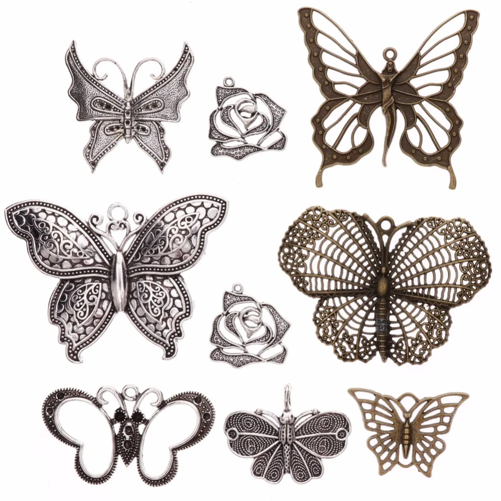 1set Vintage Mixed Silver Antique Bronze Charms Butterfly Flower Leaf Charm Pendants for DIY Jewelry Making Accessories #263743 |