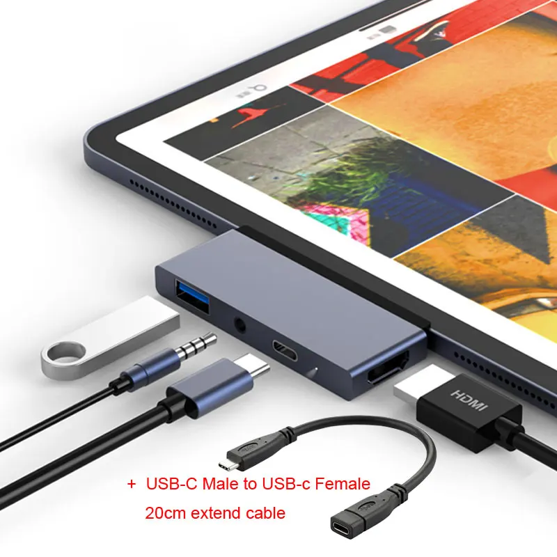 Gray add cable Mosible USB C концентратор Thunderbolt 3 адаптер док-станция для PD/Data HDMI 4K концентратор 3,0 Jack 3,5 мм наушники для iPad Pro Macbook type-c - Цвет: Gray add cable