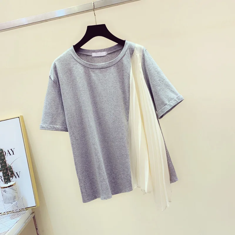 Женская Асимметричная футболка [EWQ] белая Повседневная с круглым вырезом и