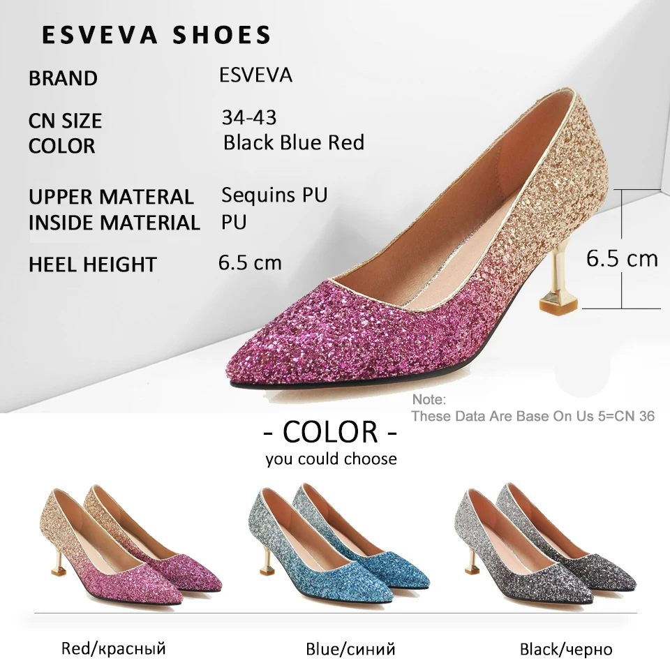 

ESVEVA 2019 Women Pumps Shoes Thin High Heels Pointed Toe Sandals Mixed Color Shoes Women Shallow Sequins PU Summer Size 34-43