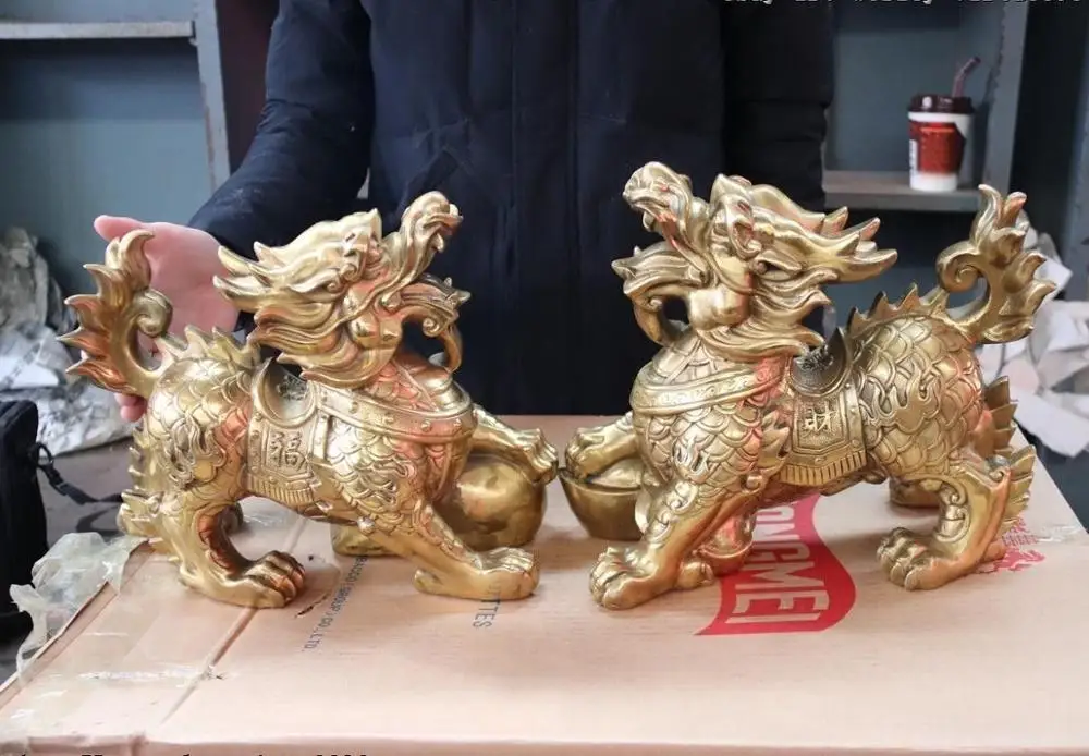 Китайский фэн-шуй медный Yuanbao Единорог Kylin Kilin Qilin пара статуй зверей | Дом и сад
