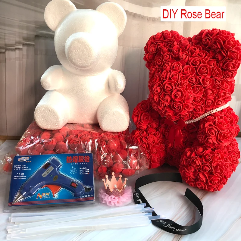 Foam Bear Mold PE Rose Artificial Flower Heads Rose Bear White Mold and Gift Box DIY Rose Bear Accessories Bag