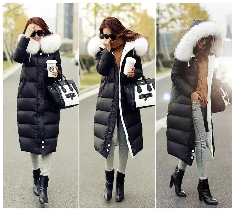 Новинка, женский зимний длинный пуховик с белым меховым воротником, женское теплое пуховое пальто с капюшоном, черное серое длинное зимнее пальто до колена ST554