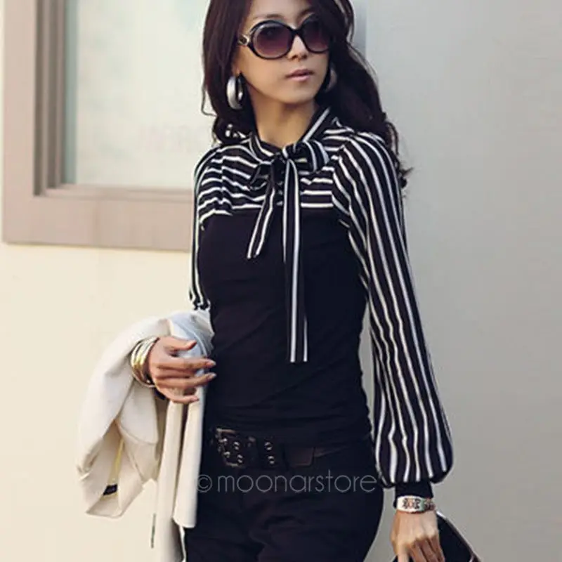 Формальная элегантная Офисная женская черная белая полосатая футболка с бантом