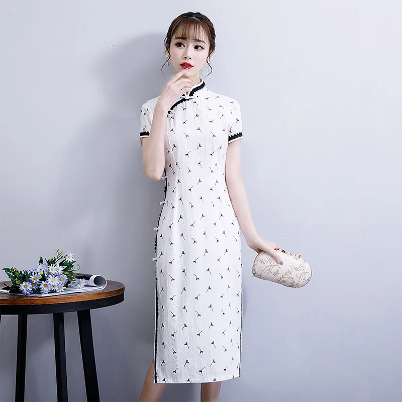 2019 женские летние короткие Cheongsam модная обувь в китайском стиле Платье до колен