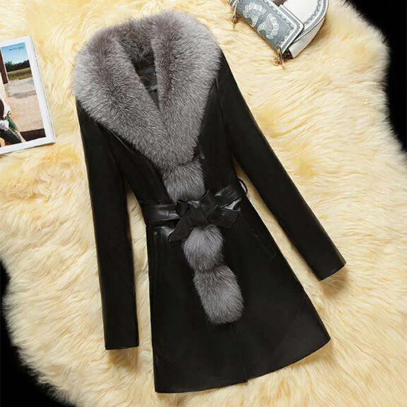 Женское весеннее кожаное пальто с искусственным мехом длинная куртка большого