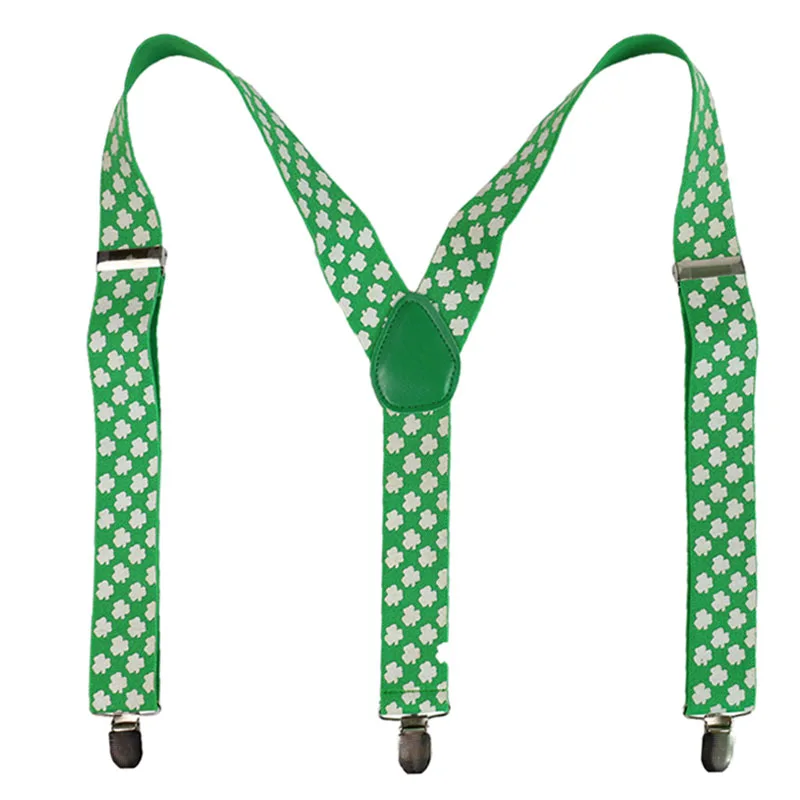 3.5cm Wide Fashion Green White Four Leaf Clover Print Men Women Clip-on Suspenders Elastic Y-Shape Adjustable male Ladies Braces |