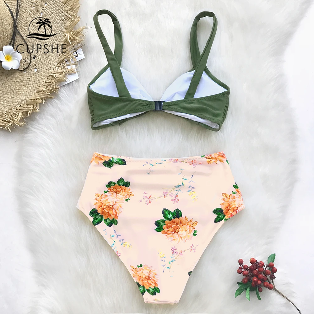 CUPSHE зеленый и цветочный принт высокая талия бикини наборы для женщин треугольник