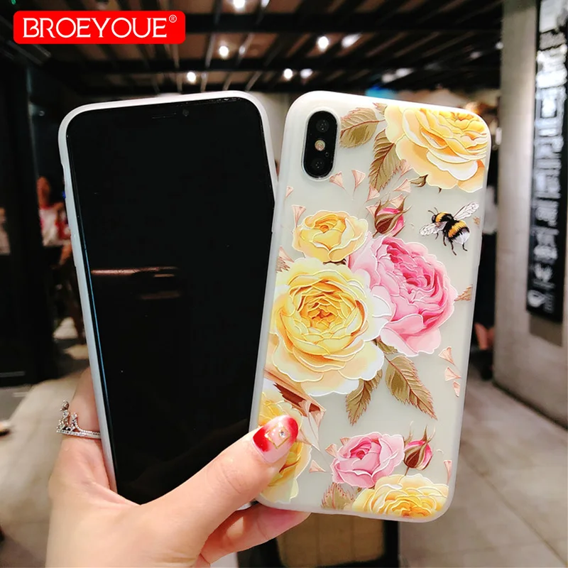 BROEYOUE Цветочные чехол для iPhone 6 S Plus 7 8 X 3D мягкий рельеф ТПУ Цветок Окрашенные 5 5S SE