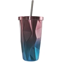 stainless steel tumbler with straw hot and cold double wall drinking cups coffee mugs irregular diamond with lid 16oz