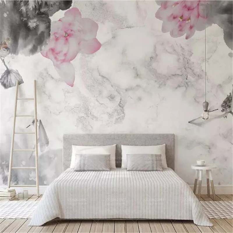 

wellyu wall papers home decor Custom wallpaper Jazz white marble texture ink lotus Chinese style TV background wall tapety