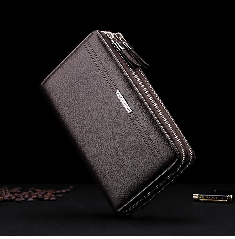 WILLIAMPOLO Leather Vintage Solid Clutch Bag Phone and Card Brand Mens Wallet Double Zipper Genuine Leather Handy Bag Purse